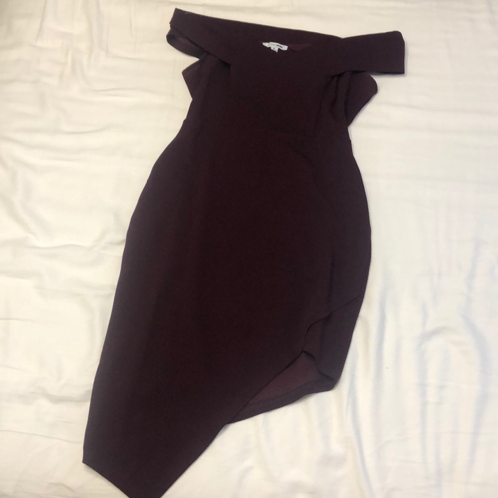 Dark purple off the shoulder asymmetrical dress